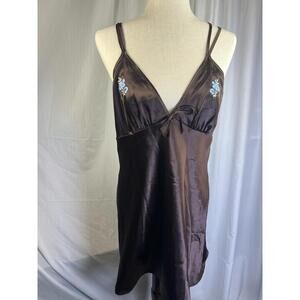 Y2K Vassarette Brown Floral Slip Dress Womens Med Satin READ Embroidered